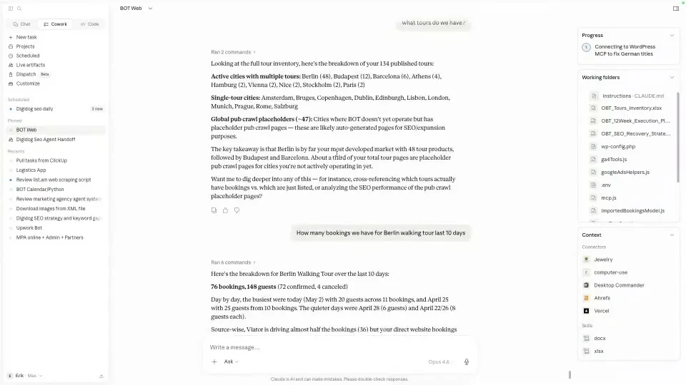 Claude beantwortet eine Frage zu Buchungen aus echten Geschäftsdaten